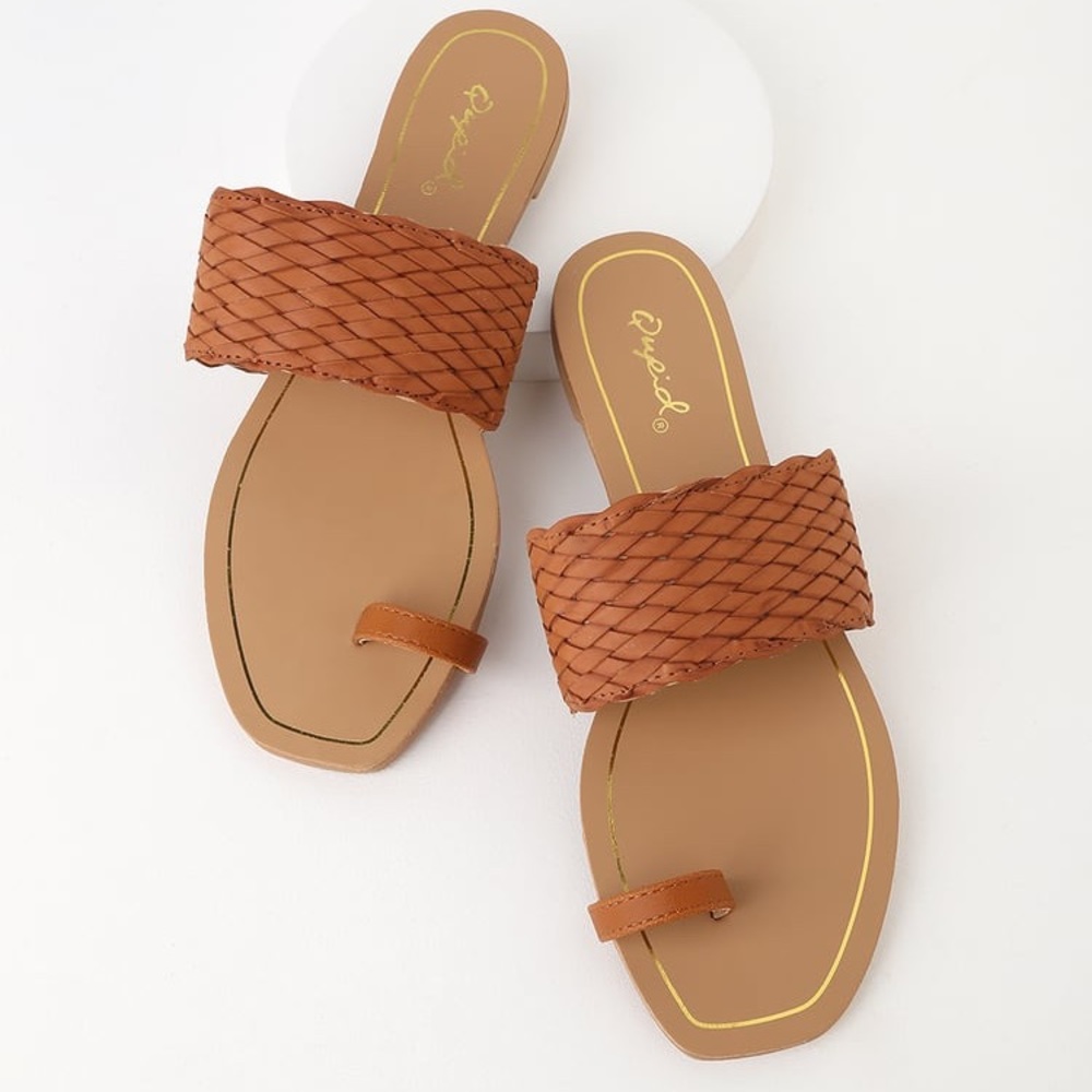 Candice Cognac woven Toe-Strap Slide Sandals